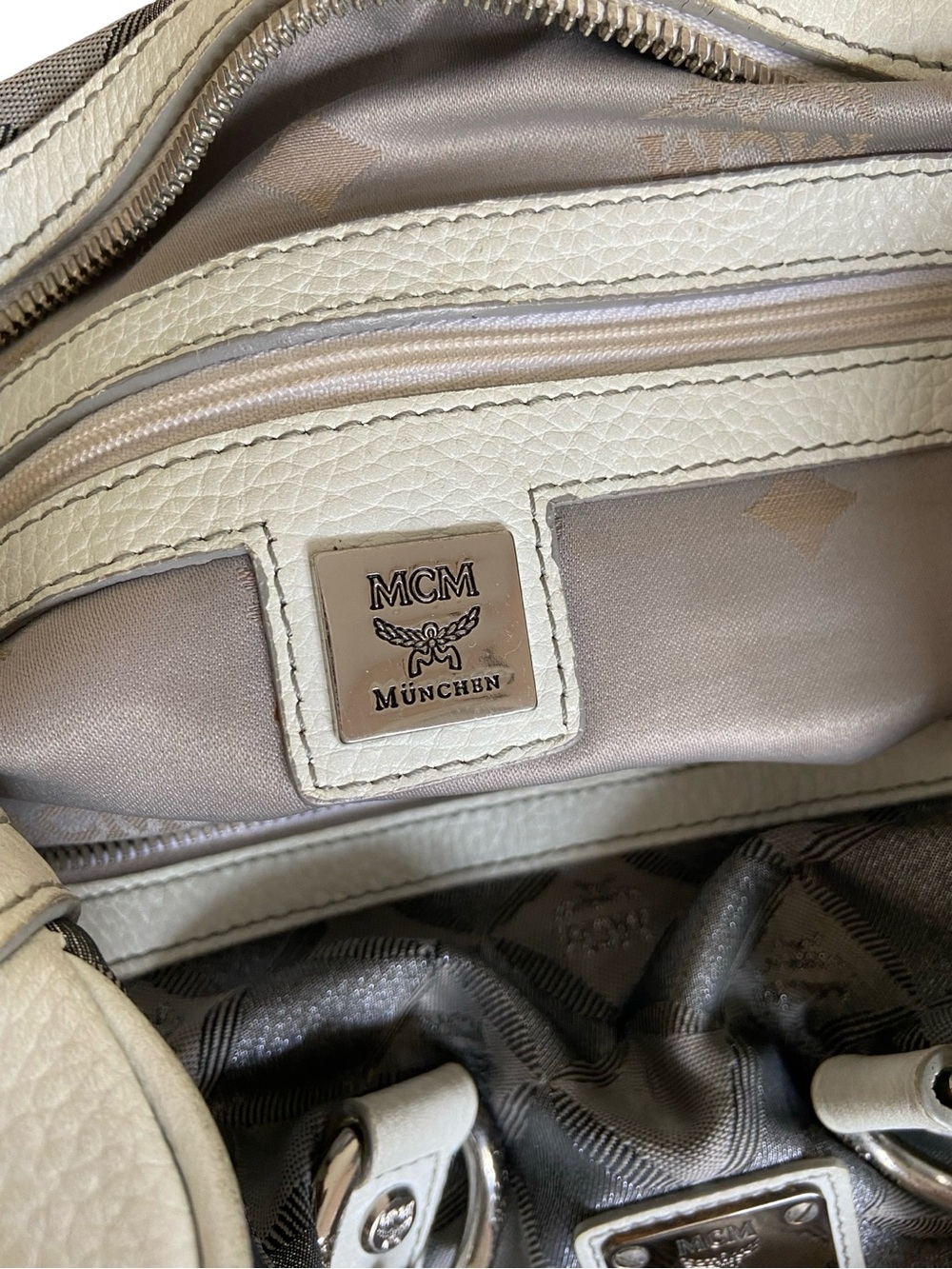 Authentic MCM Brown and Cream Monogram Satchel with Yellow Zip Pulls - Picture 7 of 15